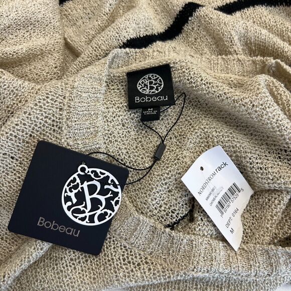 Bobeau Sweater Womens M Medium Oatmeal Black Striped Open Weave Long Sleeve Crew - Picture 8 of 13